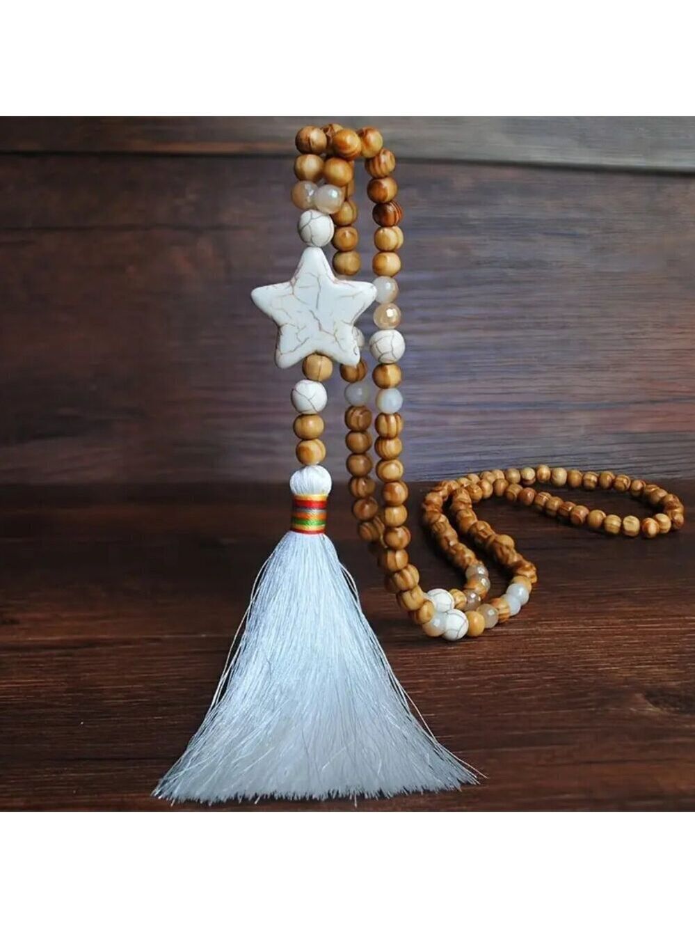 Handmade Boho Tassel Necklace with Wooden Beads & Star – 34.5” Long #1538